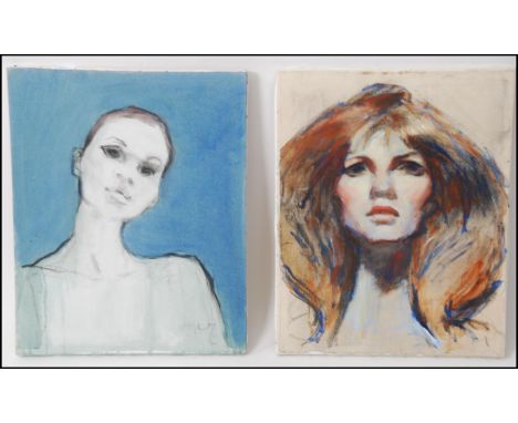 MICHAEL COOTE (b1931); 2 oil / gouache on canvas painting portrait studies of women believed to be Sinead O'Connor and Liz Hu