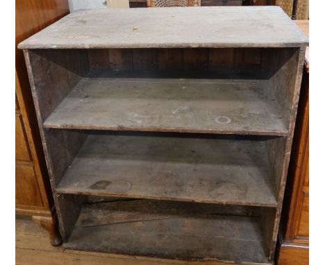 A pine set of shelves, 34ins x 21ins, height 34.5ins, together with a shelf from a shop display