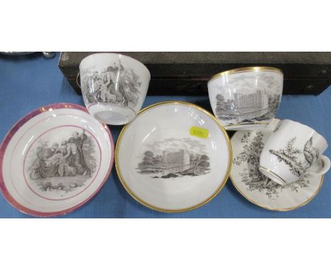Two 19th century cups and saucers, one with lustre bands and printed with figures, the other printed with a landscape of a la