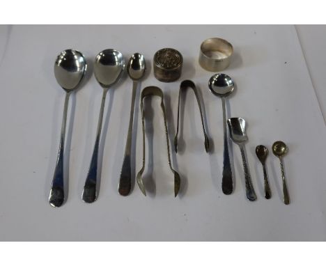 A collection of silver plated flatware and a hallmarked silver napkin ring