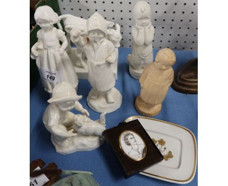 A Royal Worcester blank figure, calves, modelled by Doris Lindner, together with three unmarked Worcester figures, a Bing &am