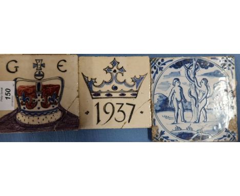 An Antique Delft pottery tile, decorated in blue and white with Adam and Eve, together with two other tiles