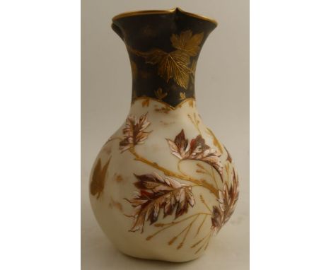 A Harrachov gilt and enamelled milk glass vase decorated with foliage and insects, various numbers to base.&nbsp;