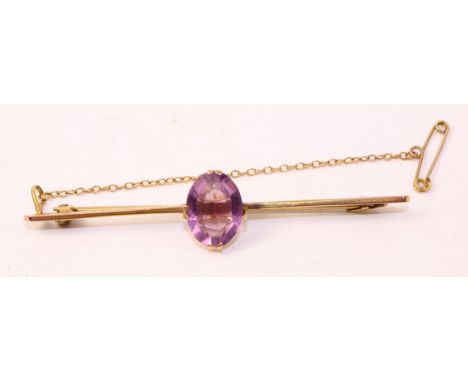 Edwardian bar brooch set with amethyst stamped 9c   Condition Report   Click here for further images, condition, auction time