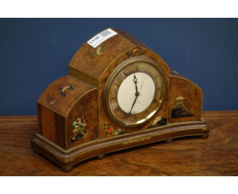 Early 20th century walnut and Shibayama decorated mantel clock, stepped arched form. 8 day movement, dial signed 'Bright, Sca