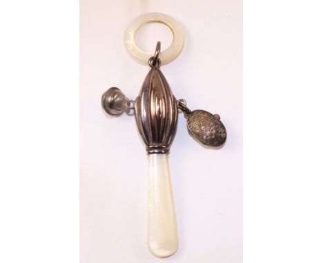 Silver and mother of pearl teething rattle, bell and  hinged basket charm by WA Chester 1922   Condition Report   Click here 