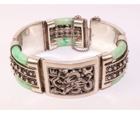 Chinese export heavy quality silver and jade bracelet with export marks   Condition Report   Click here for further images, c