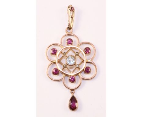 Early 20th century ruby and aquamarine pendant stamped 9c 375 Condition Report Width = 2cm. Length including clasp = 4.4cm 