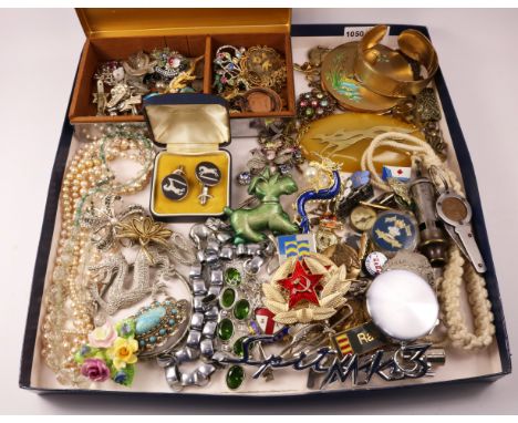 Costume jewellery, railway badges, Stratton compact, scout whistle, miscellanea in one box   Condition Report   Click here fo