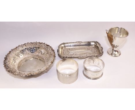 Two Victorian silver trinket dishes, two napkin rings, egg cup and spoon approx 5oz   Condition Report   Click here for furth