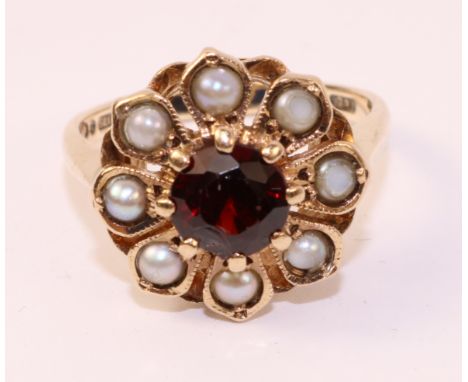 Garnet and seed pearl gold cluster ring hallmarked 9ct   Condition Report   Click here for further images, condition, auction