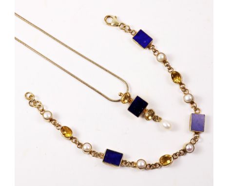 Vermeer lapis lazuli, citrine and pearl silver pendant necklace and matching bracelet by Paula Bolton   Condition Report   Cl