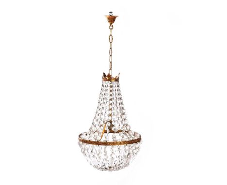 VINTAGE LIGHT FITTING WITH DRAPED CRYSTAL DROPS ON A CIRCULAR BRASS BASE.HEIGHT: 15 INCHES.DIAMETER: 12 INCHES.IN GOOD CONDIT