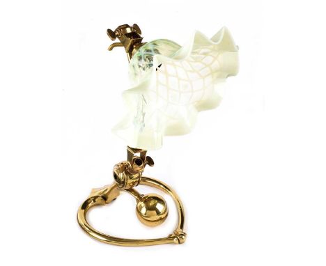 ART NOUVEAU BRASS BENSON LAMP WITH SCALLOPED RIM VASELINE SHADE.STAMPED BENSON.HEIGHT: 10½ INCHES.WIDTH: 6 INCHES.DEPTH: 7½ I