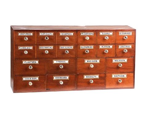 ANTIQUE MAHOGANY CHEMIST CABINET FITTED WITH TWENTY DRAWERS WITH GLASS LABELS AND TURNED GLASS HANDLES.HEIGHT: 24 INCHES.WIDT