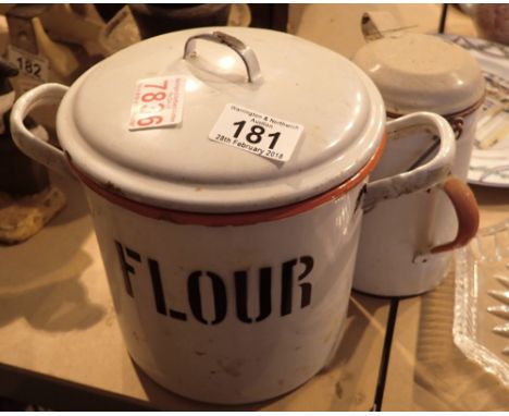 Enamel kitchen contents marked flour and an enamelled tea flask 