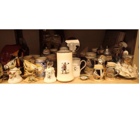 Shelf of mixed ceramics including quantity of decorative steins 