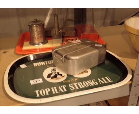 Tetley bitter and Burtonwood ales pub trays and ice cream wafer maker ice chipper tea caddy and mess tins 