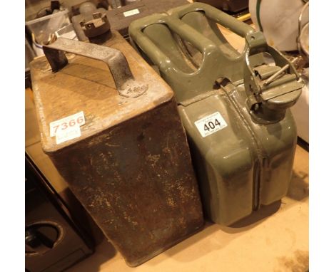 Two fuel cans vintage Redline two gallon petrol can with brass cap and two gallon modern jerry can
