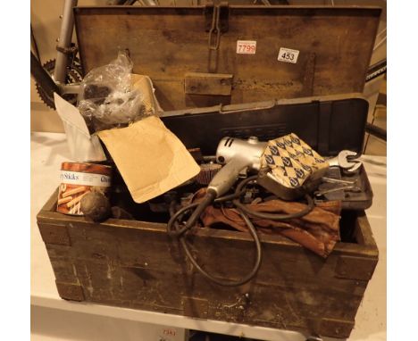 Vintage wooden tool chest and vaious contents tools fixings etc