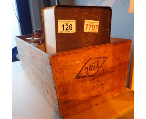 Wooden fruit box containing mixed collectables including tin first aid box wooden cased thermometer tin shoe brush holder hor