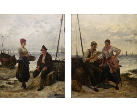 FRIEDERICH REGINALD DONAT (1830-1907) Belgian, Conversations on the Shore, A Young Woman and an Old Man mending Nets; and A C
