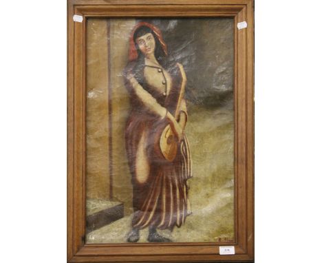 19TH CENTURY SCHOOL, Woman with a Lute, oil on canvas, indistinctly signed, framed. 38 x 58 cm.