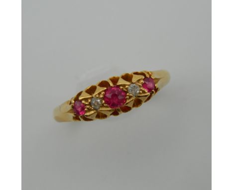 A Victorian 18 ct gold, ruby and diamond ring, hallmarked 1867. Ring size M.