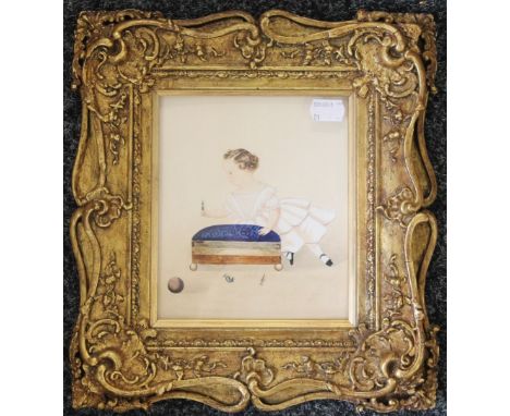 A 19th century gilt portrait miniature of a young girl, framed and glazed. 14.5 x 17 cm.  27 x 29.5 cm including frame.