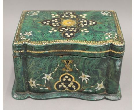 A 19th century faux malachite tea caddy. 18.5 cm wide.