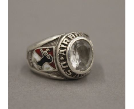 A silver and enamel US Army Special Airborne Services ring. Ring Size Q/R.
