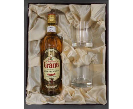 A boxed presentation set containing a bottle of William Grant's Family Reserve Finest Scotch Whisky and two glasses.