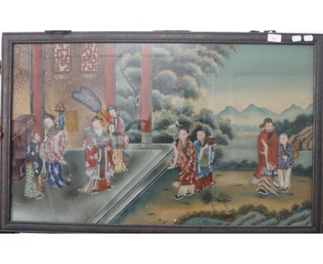 A Chinese rectangular reverse painted glass panel depicting a Noble and Attendants. 94.5 x 58.5 cm overall.