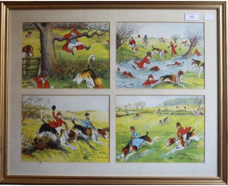 A set of twelve HARRY B NEILSON Fox Hunting cartoons, housed across three frames. Each 65 x 52 cm overall.