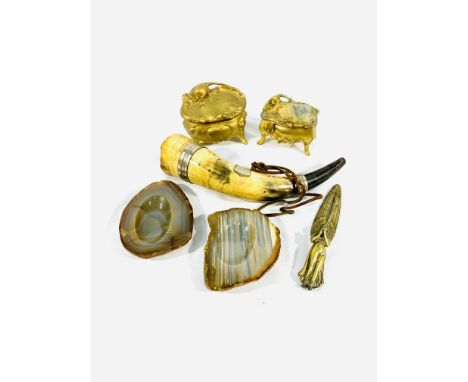 Two polished stone dishes, approximately 11cms; two ormolu trinket boxes; a brass letter opener in the form of an angel, 17cm