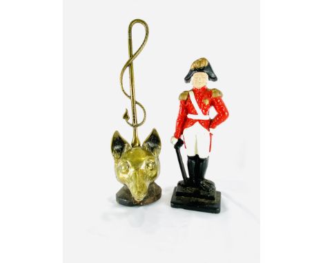 Early 20th century brass Fox head and whip doorstop with weighted base and impressed marks to back, 45cms; together with a pa