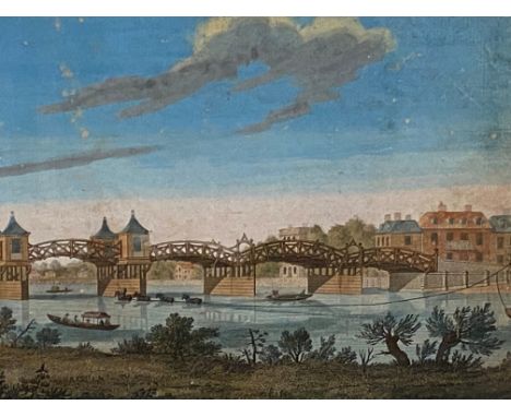A framed and glazed lithographic print of Hampton Court Bridge, 24 x 46cm, glass is broken.&nbsp; Estimate: £15-30