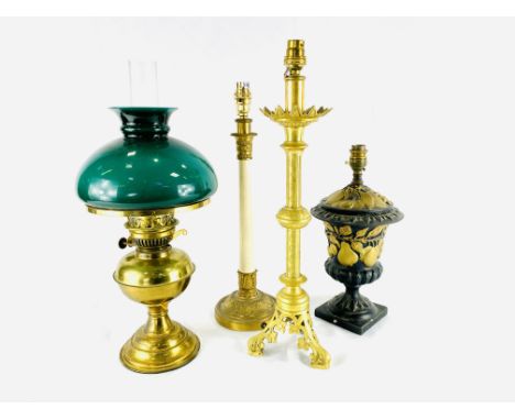Ceramic black table lamp with gold detailing, 33cms; together with a table lamp with brass base, 43cms; a brass table lamp, 4