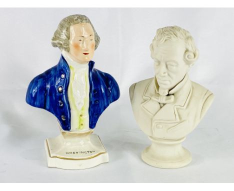 A parian ware bust of a gentleman, 20cm; a Staffordshire bust of George Washington, 32cm. Estimate: £20-30