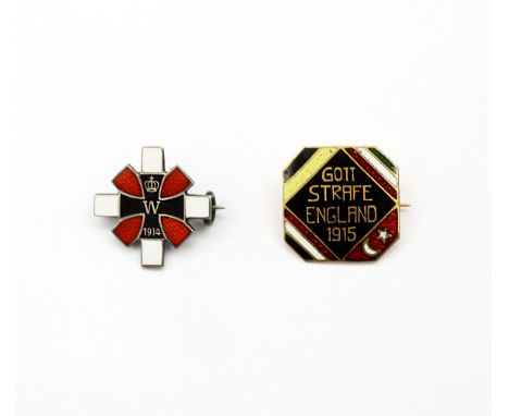 Two WW1 era German propaganda / patriotic enamel badges. To include: an anti British 'Gott Strafe England 1915' badge, which 