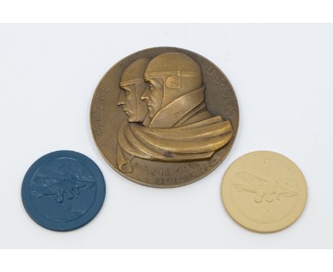 Aviation History: an Art Deco bronze commemorative medal of the Bellonte and Costes Paris to New York flight, with relief pro