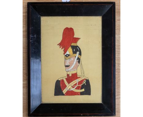 A 19th century hand embroidered wool work portrait of soldier, wearing the uniform of the 12th Lancers, including the traditi
