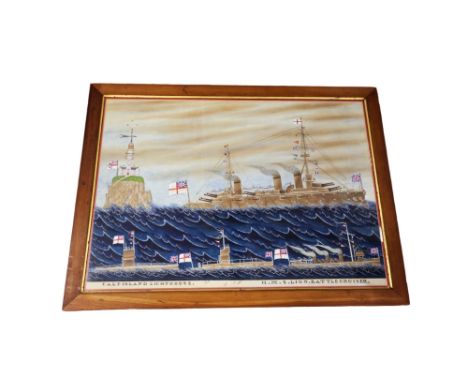 Maritime Interest:&nbsp;English Naive School (early 20th Century) portrait of HMS Lion Battlecruiser at sea by Calf Island Li