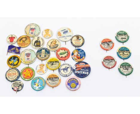 An assortment of 20th century circular pin badges relating to advertising; Bastian Bros. Company, Colonial Baking Company, 35