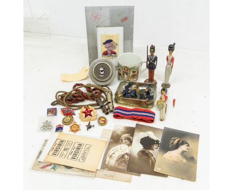 A mixed quantity of various item, to include; military items, a 1936 Olympics badge , badges, buy scout whistles, postcards, 