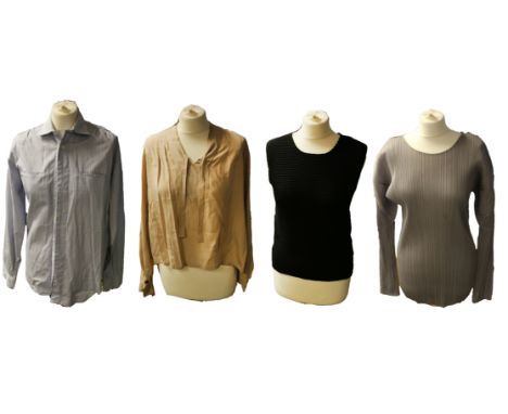 A top in black elasticated fabric by Plisse, long waisted, medium size. A grey elasticated fabric top with round neck and lon