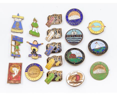 Various enamel and gilt metal pin badges relating holiday camps comprising of Strattons Warners Holiday Camp Corton, depictin