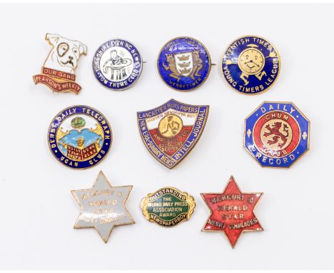 Collection of assorted gilt metal and enamel pin badges relating to newspapers consisting of a Fattorini Derby Daily Telegrap