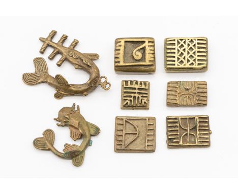 A small collection of mixed West African (Ashanti/Akan) weights to include; two shaped as mud fish, both of detailed abstract