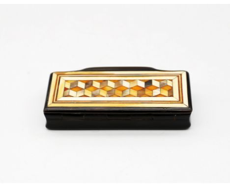 A 19th century horn snuff box, of rectangular shape with ivory inlaid cuboid design to hinged cover, approx. 8cm wide x 3.8cm